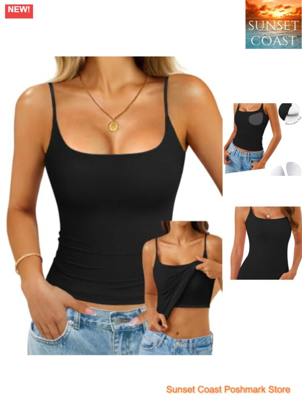 Cotton Spandex Camisole Tank Top with Removable Pads Square Neck